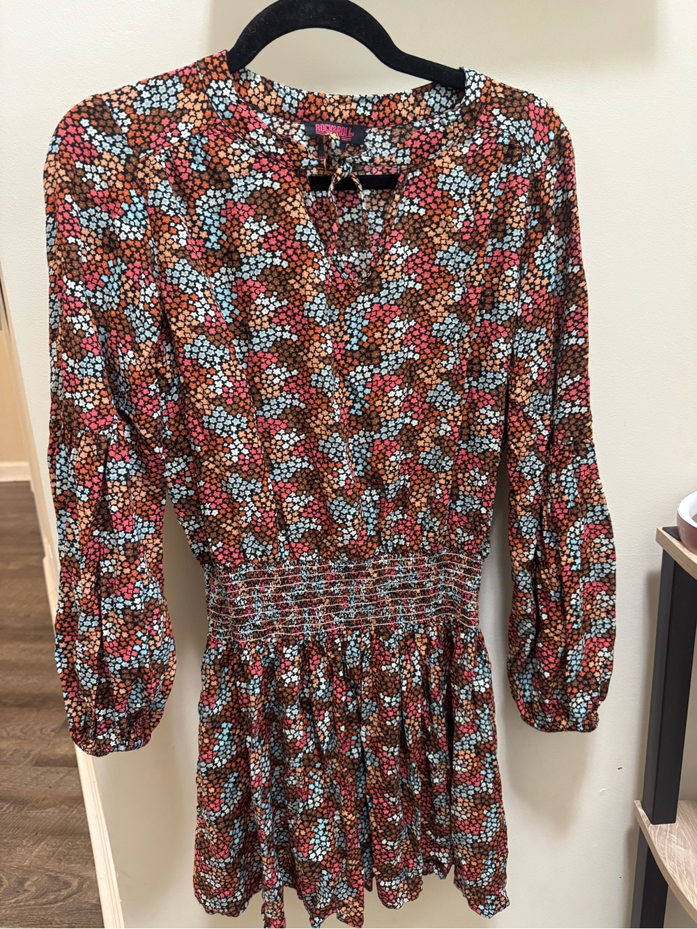 Brown Floral Long Sleeve Smocked Waist Dress